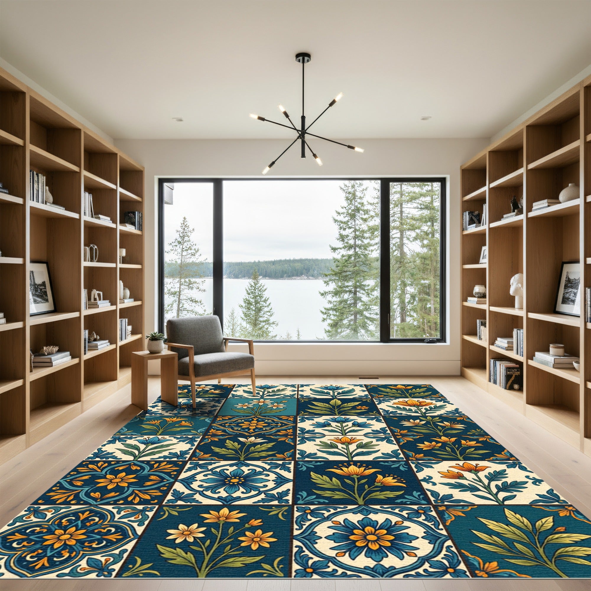 Ornate Cobalt Blue Floral Medallion Tiles Rug