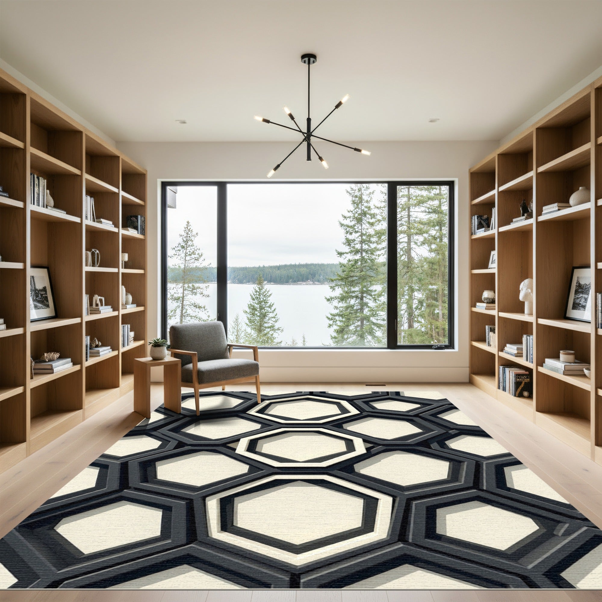 Monochrome Geometric Black and Ivory Hexagons Rug