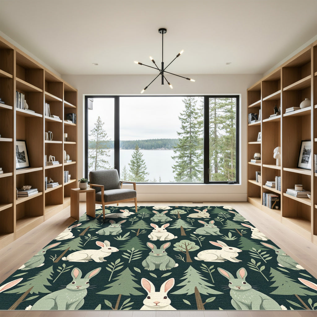 Earthy Forest Bunny Woodland Illustration Rug