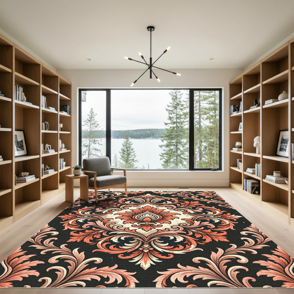 Elegant Terracotta Damask Floral Scroll Rug