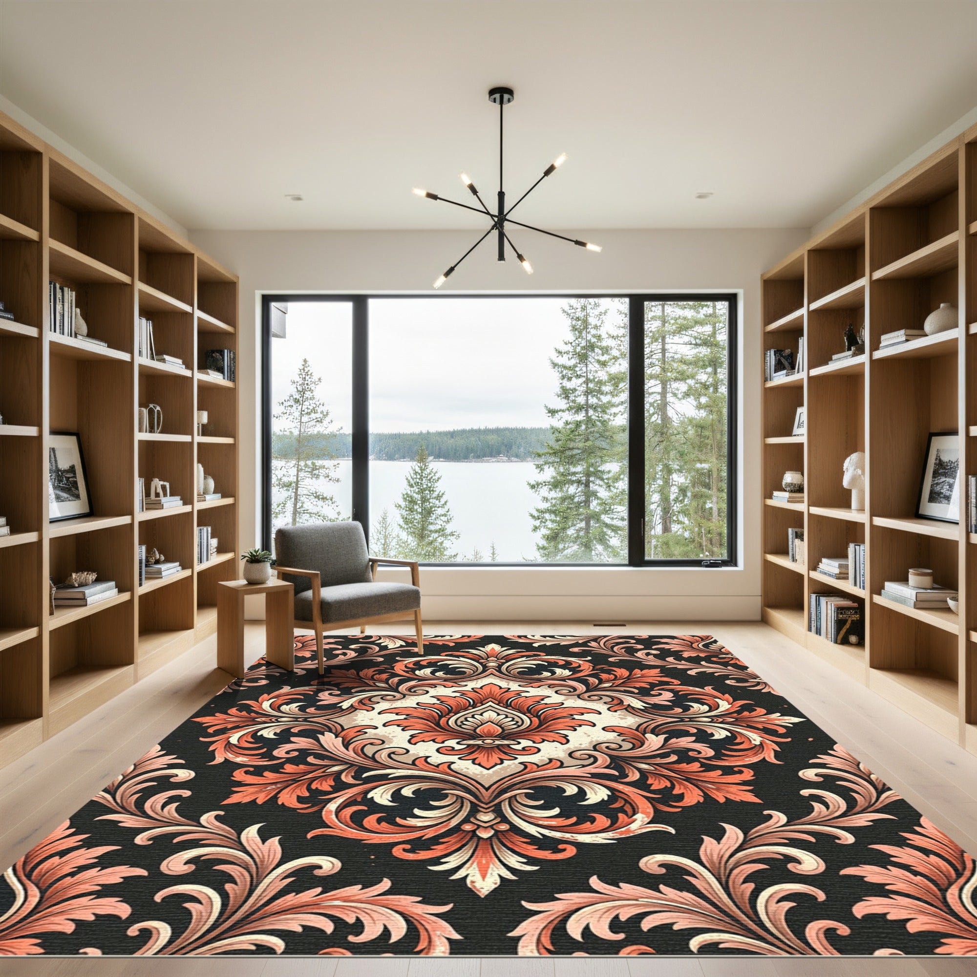Elegant Terracotta Damask Floral Scroll Rug