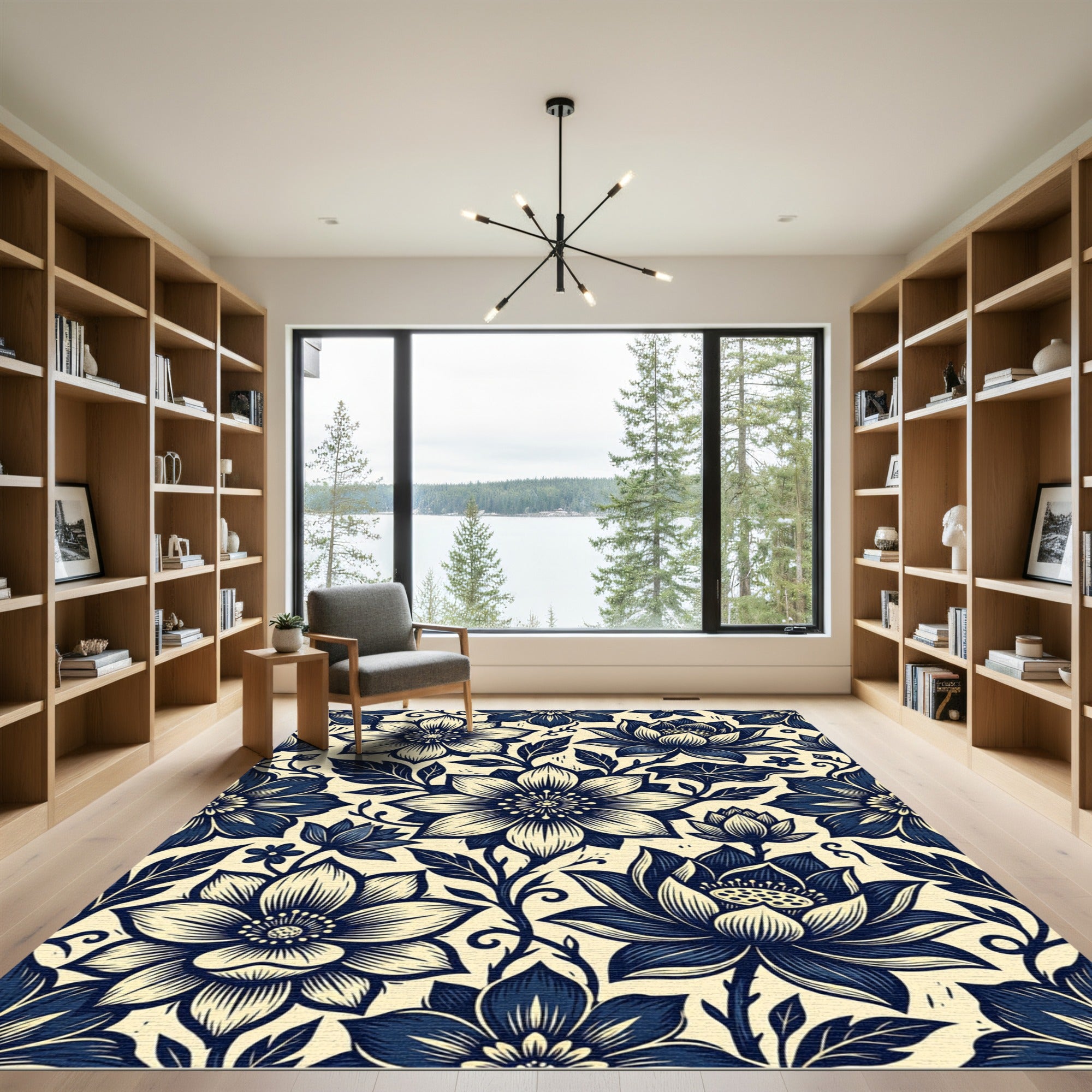 Navy Blue Floral Scroll Pattern Rug