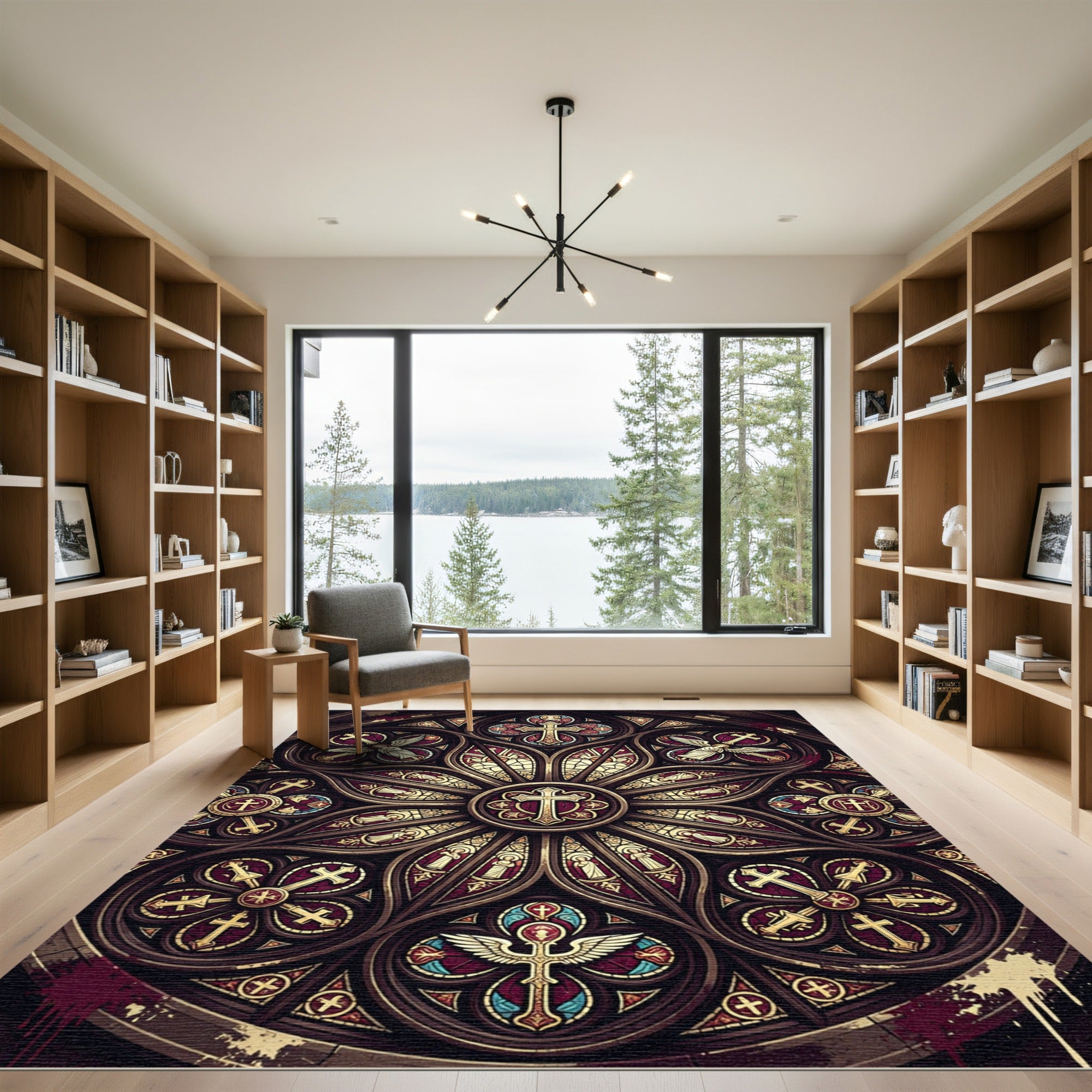 Gothic Crimson Stained Glass Rose Window Rug