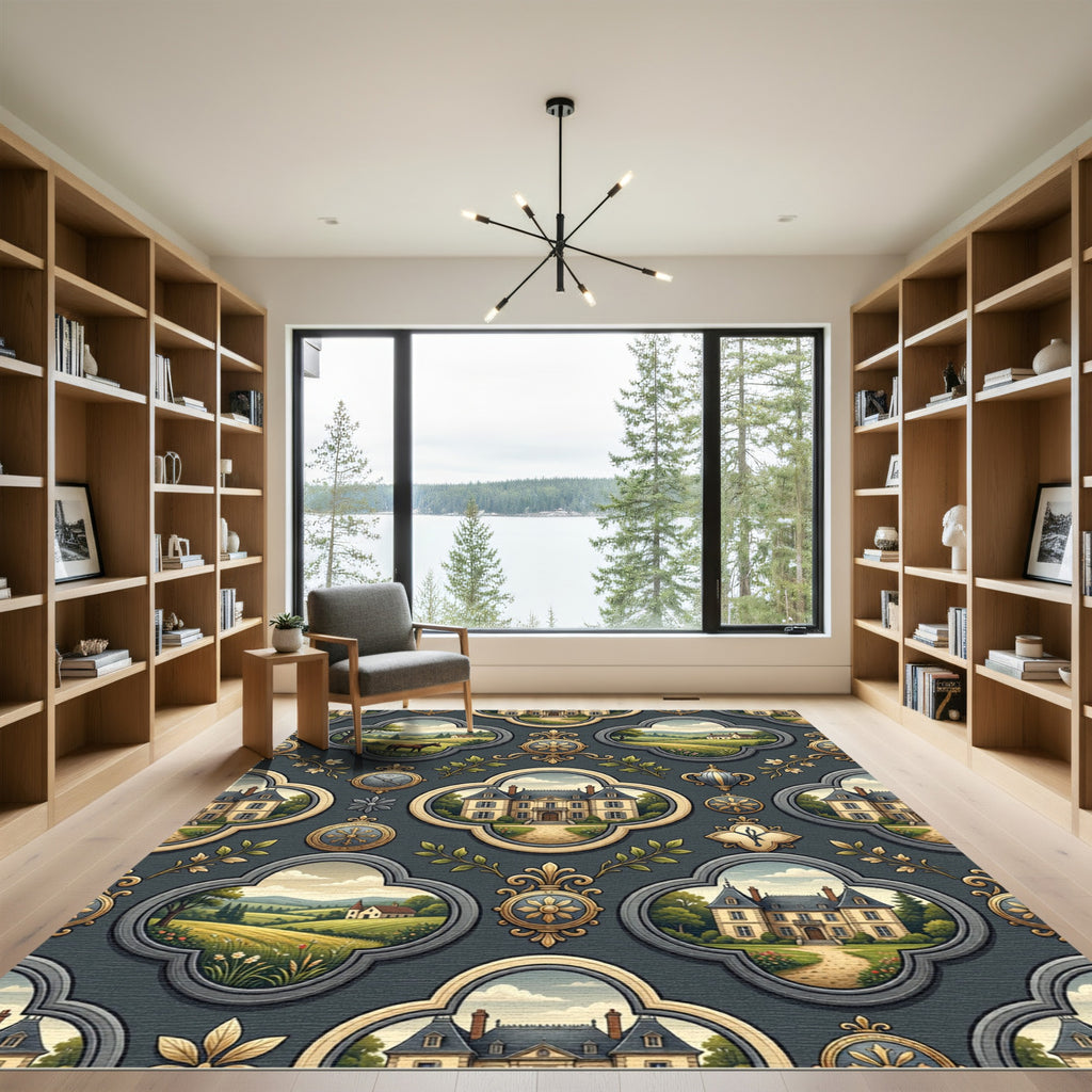 Ornate Manor Estate Landscape Medallion Rug