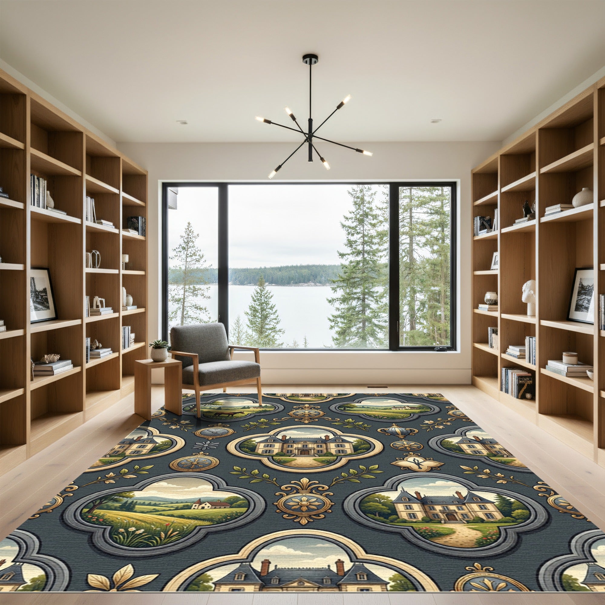 Ornate Manor Estate Landscape Medallion Rug