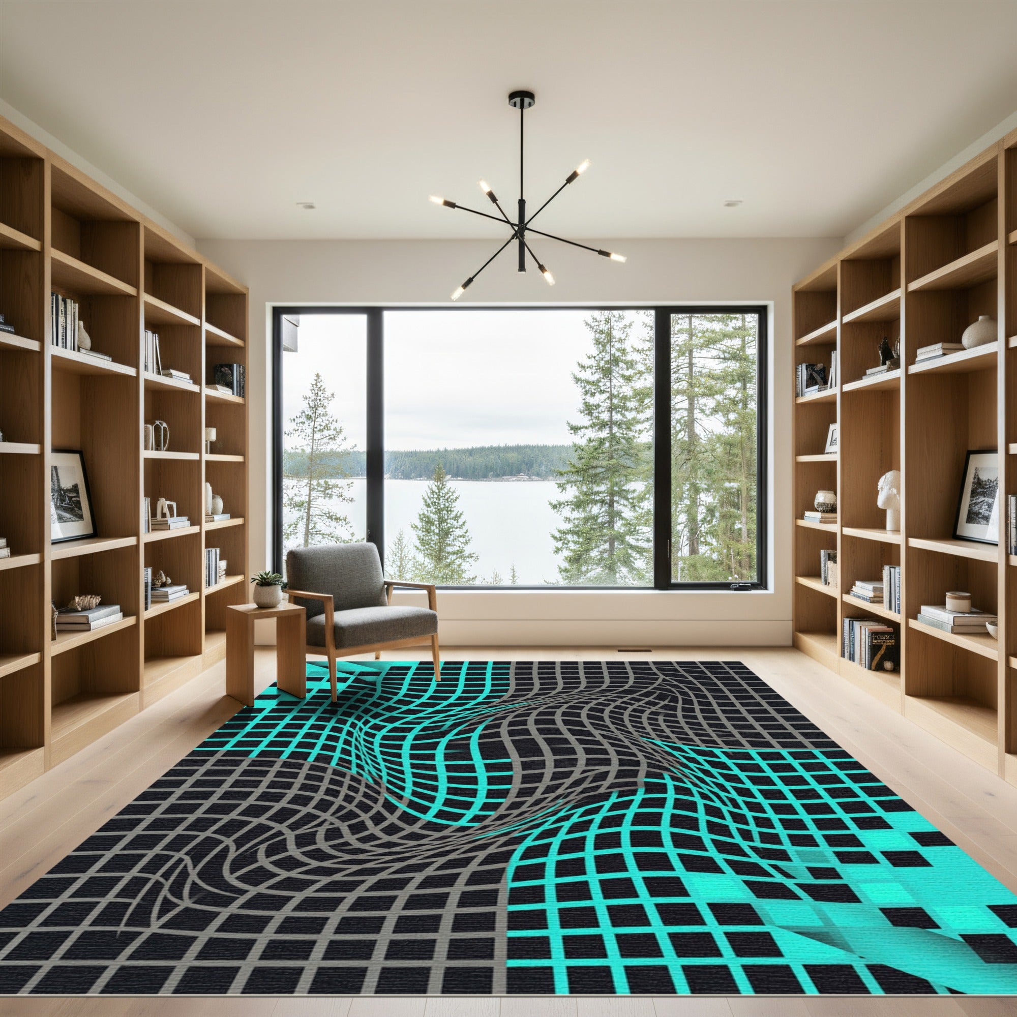 Abstract Teal and Charcoal Warped Grid Rug