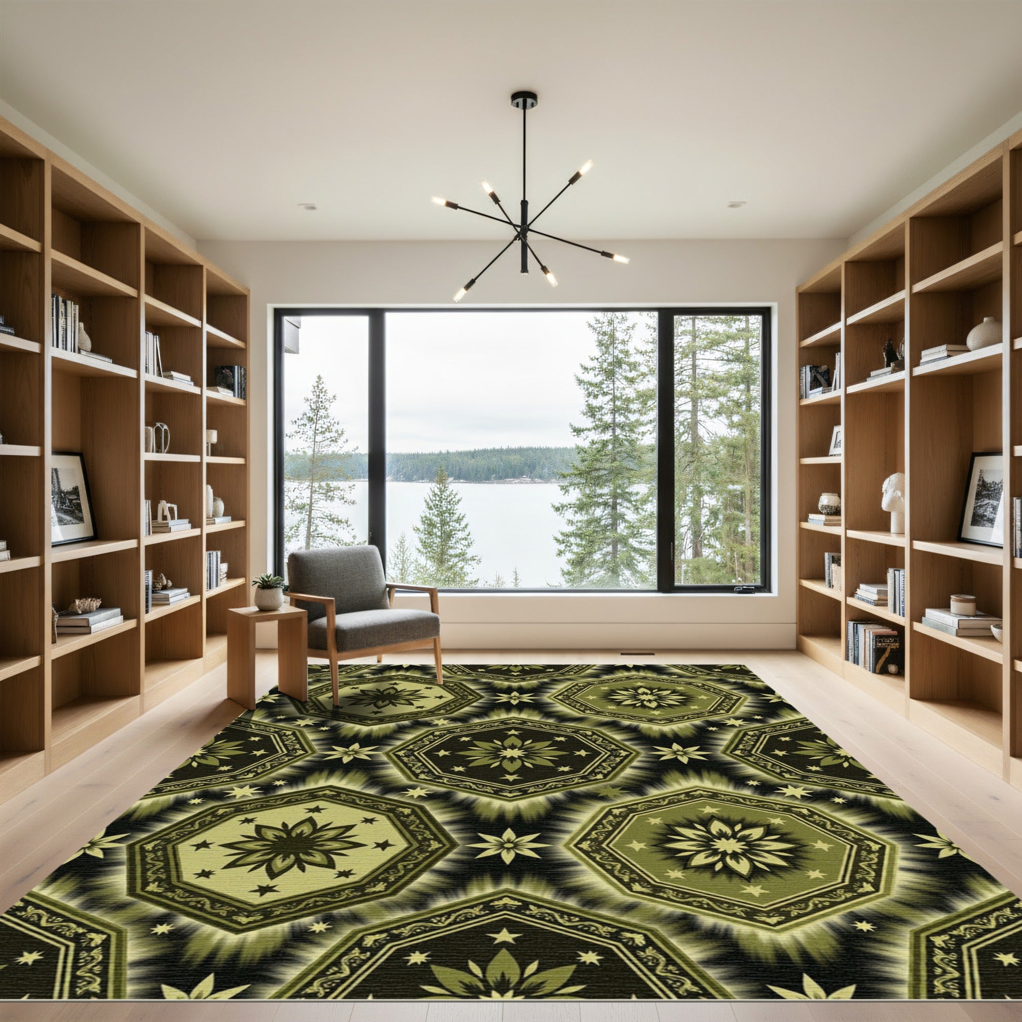 Olive Green Floral Star Octagon Rug