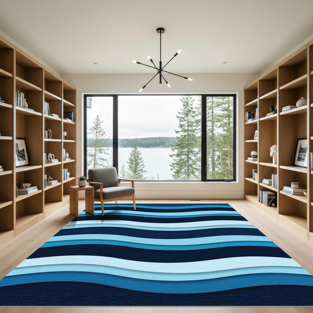 Abstract Blue Wavy Layered Ocean Rug