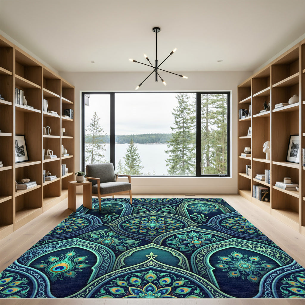 Elegant Peacock Teal Medallion Arch Rug