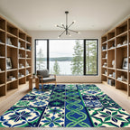 Blue and Green Geometric Tile Mosaic Rug