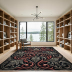 Ornate Crimson Gray Baroque Scroll Rug