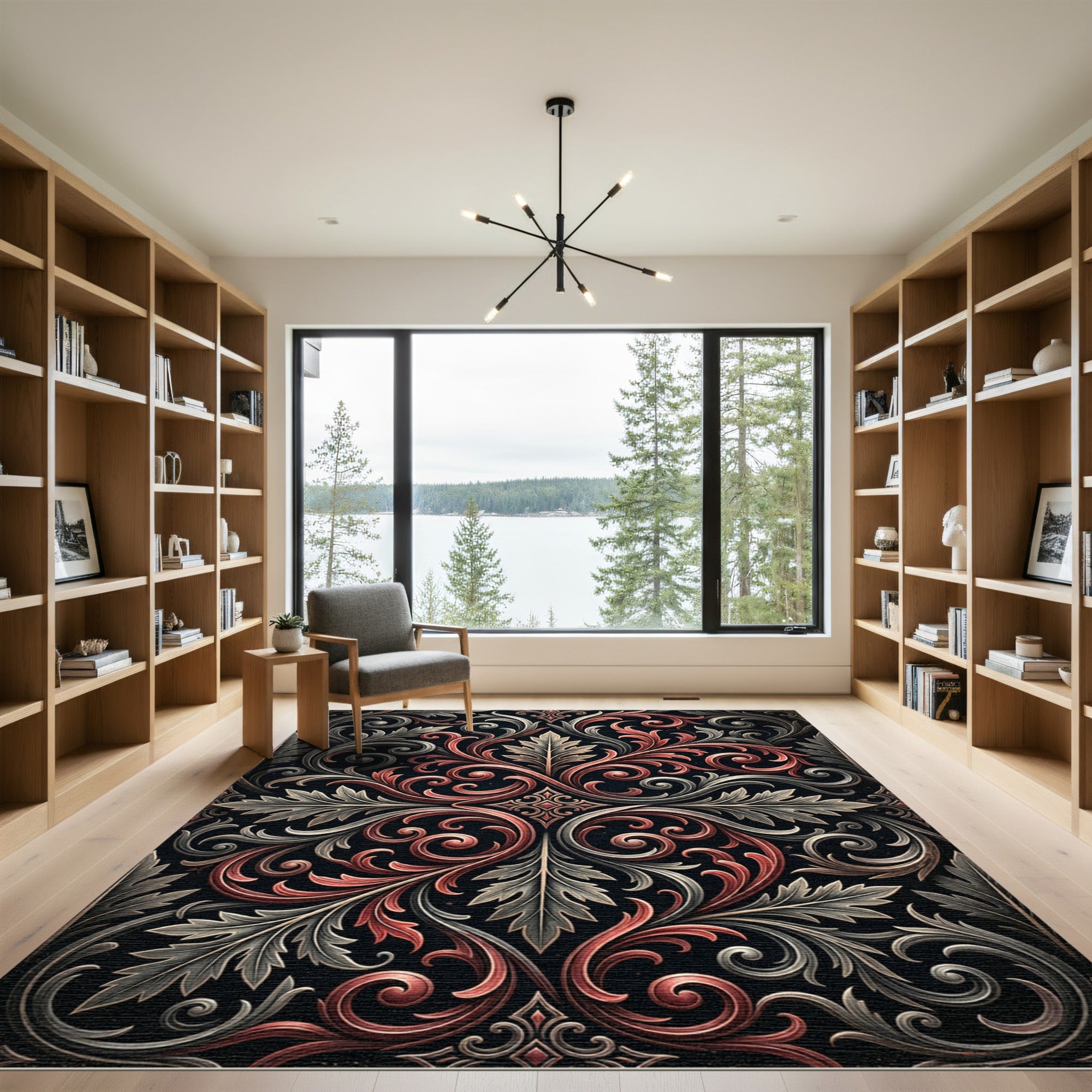 Ornate Crimson Gray Baroque Scroll Rug