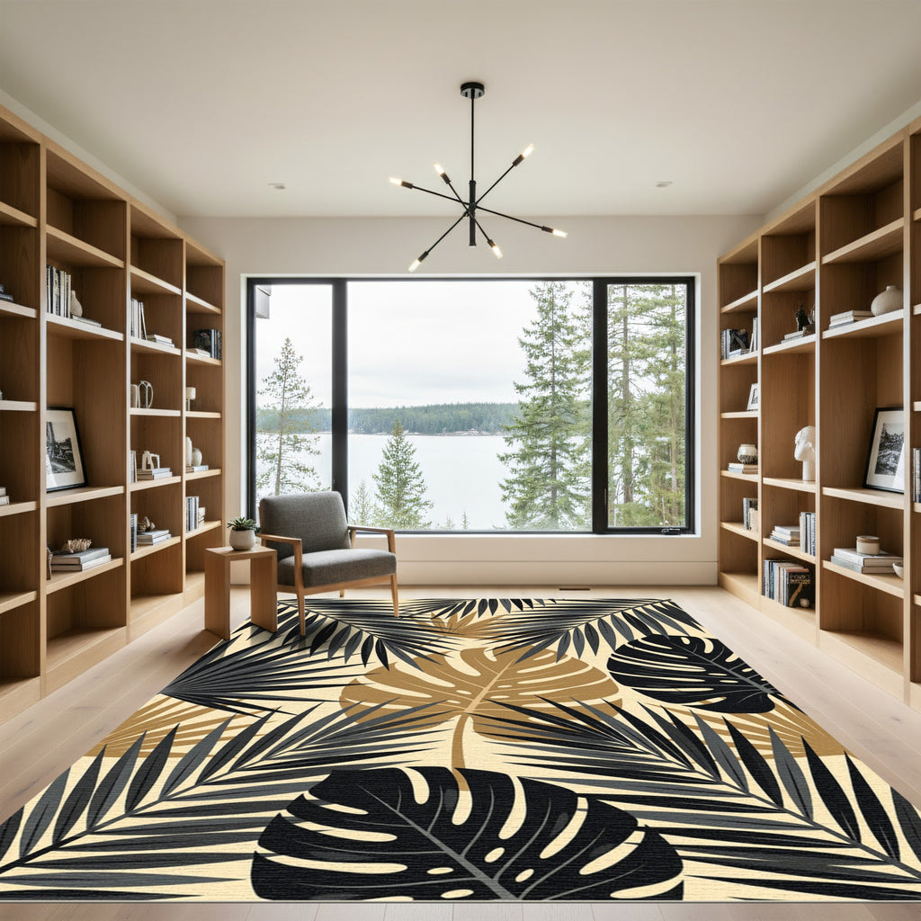 Black and Gold Tropical Palm Leaf Rug
