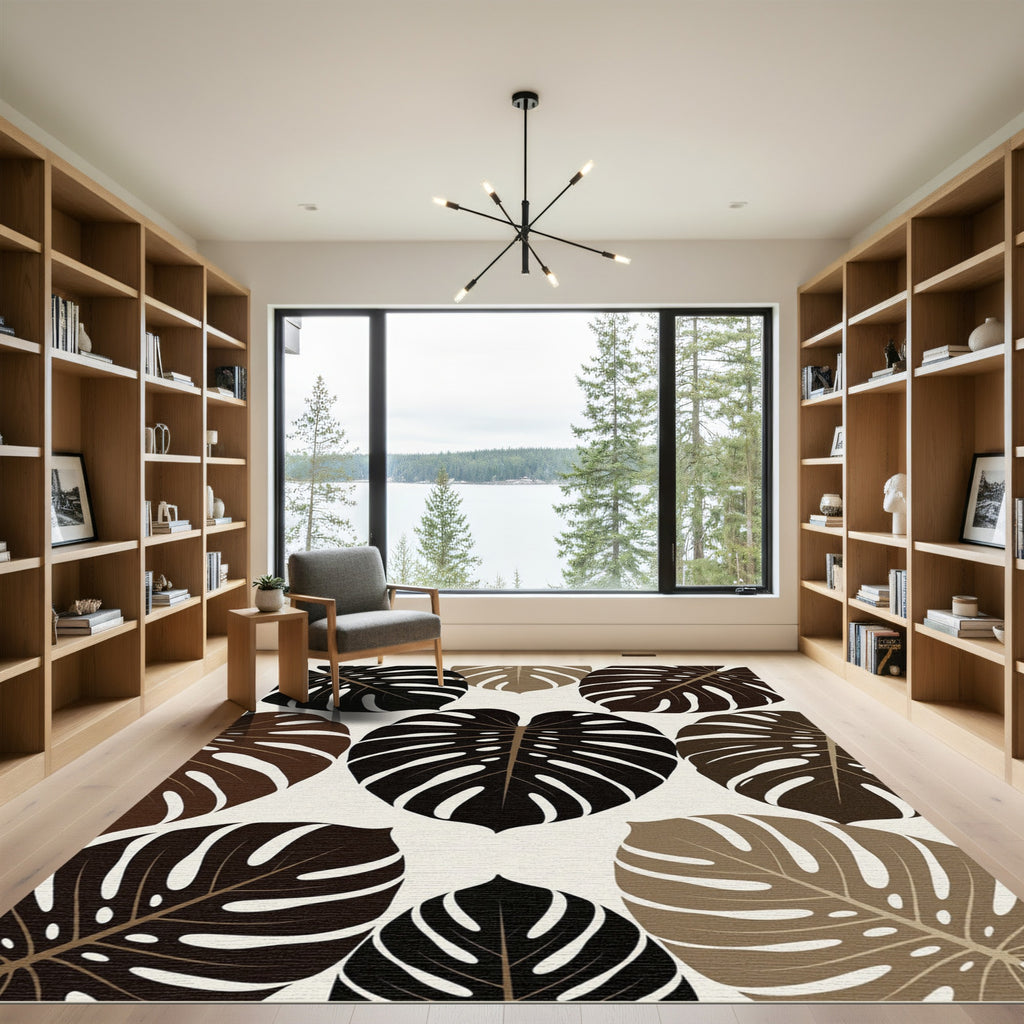 Monstera Leaves Dark Brown Beige Rug