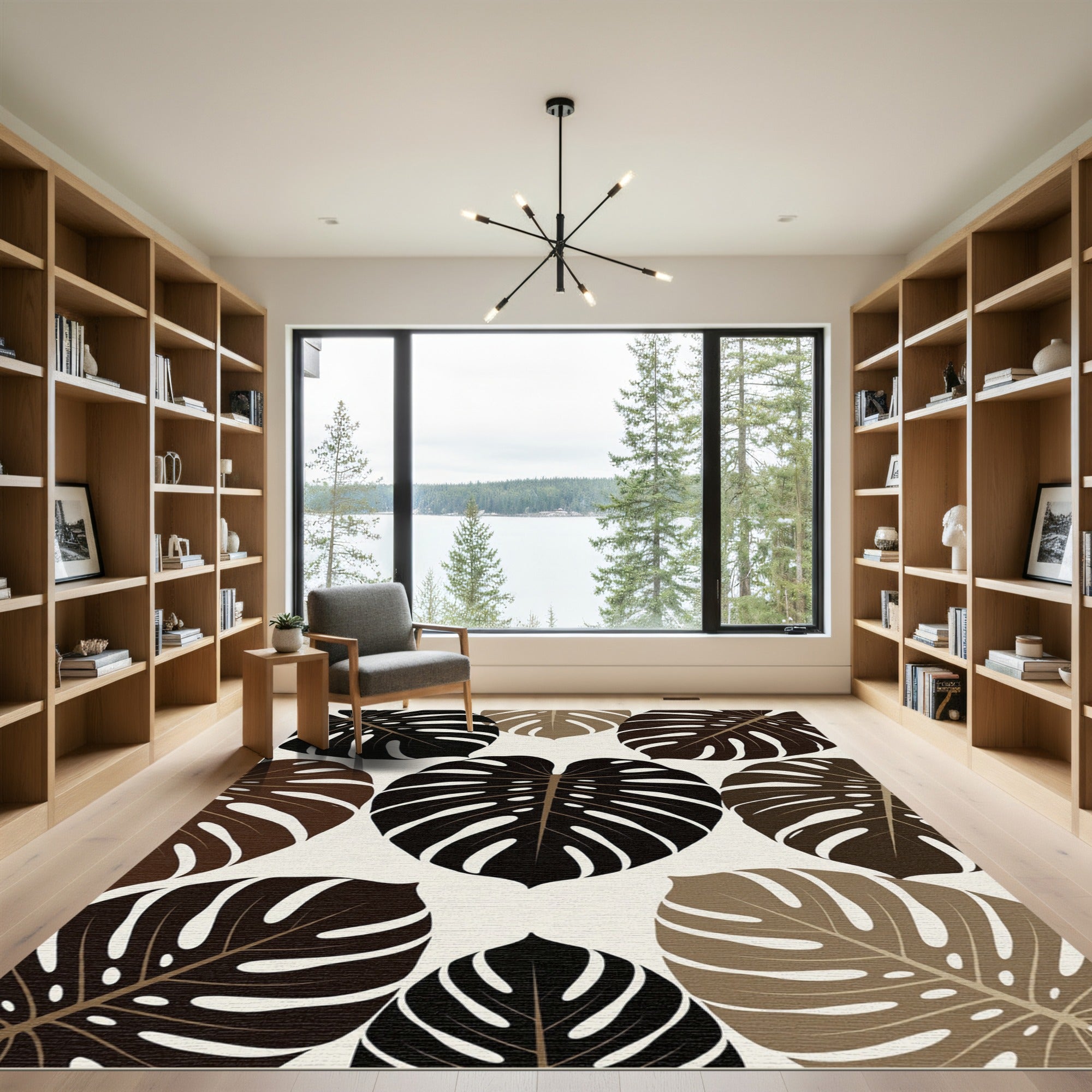 Monstera Leaves Dark Brown Beige Rug