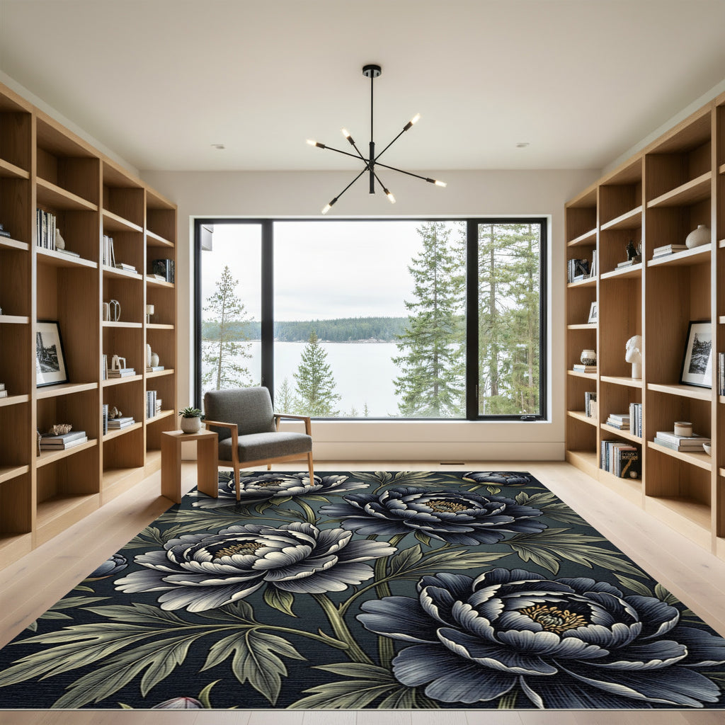 Deep Blue Peony Floral Arrangement Rug