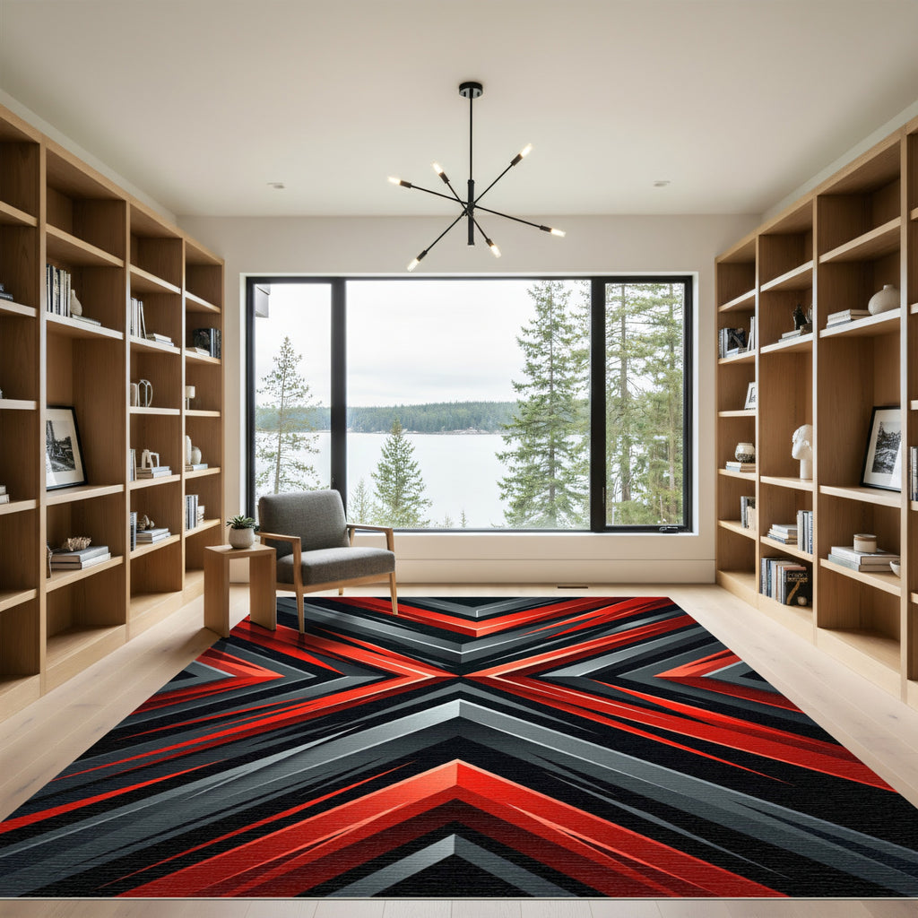 Bold Red Gray Abstract Geometric Chevron Rug