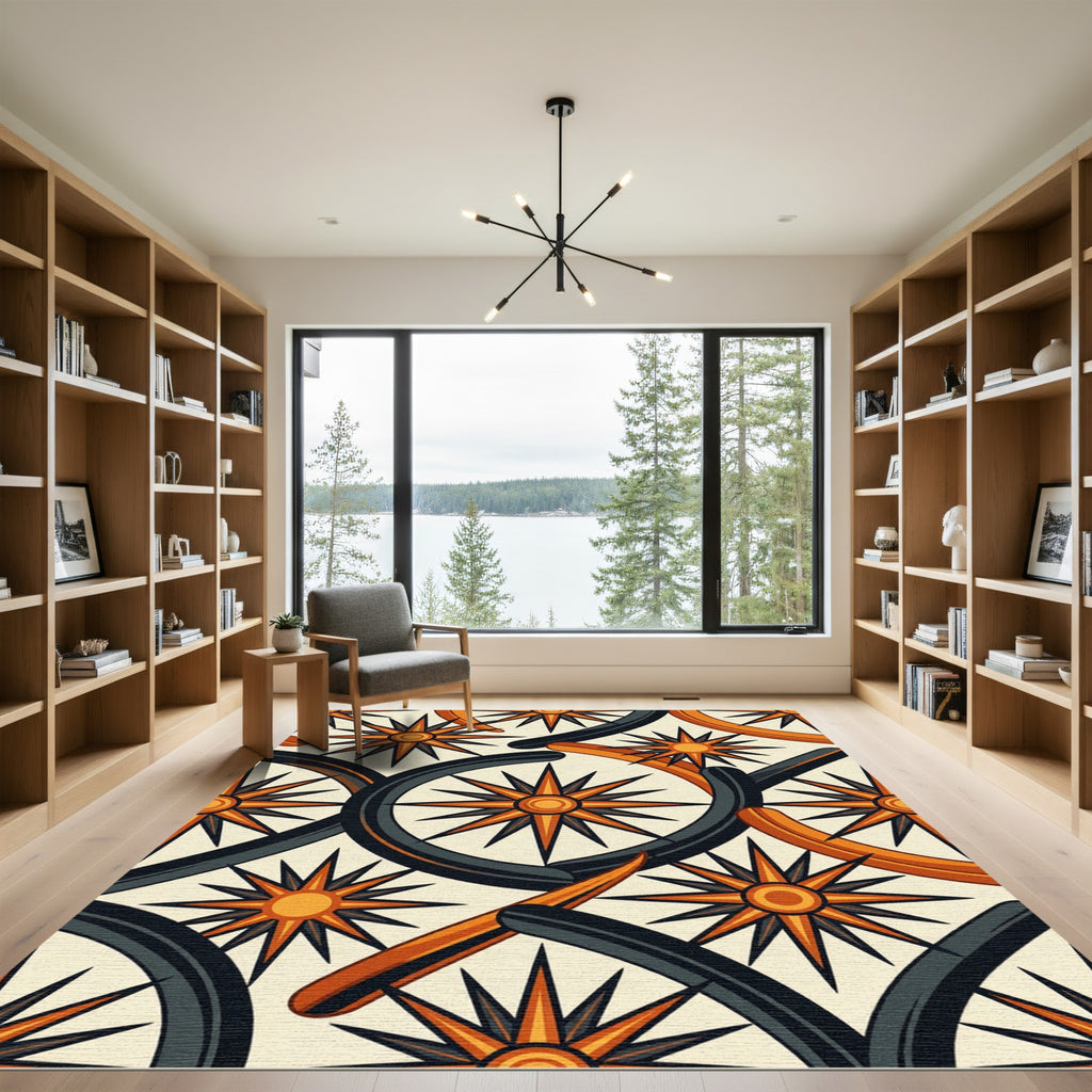 Geometric Compass Star Retro Orange Rug