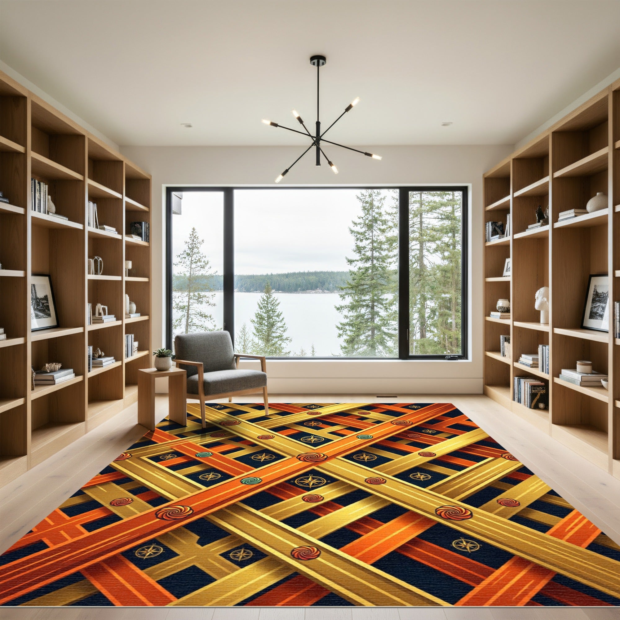 Golden Orange Intersecting Compass Swirls Rug