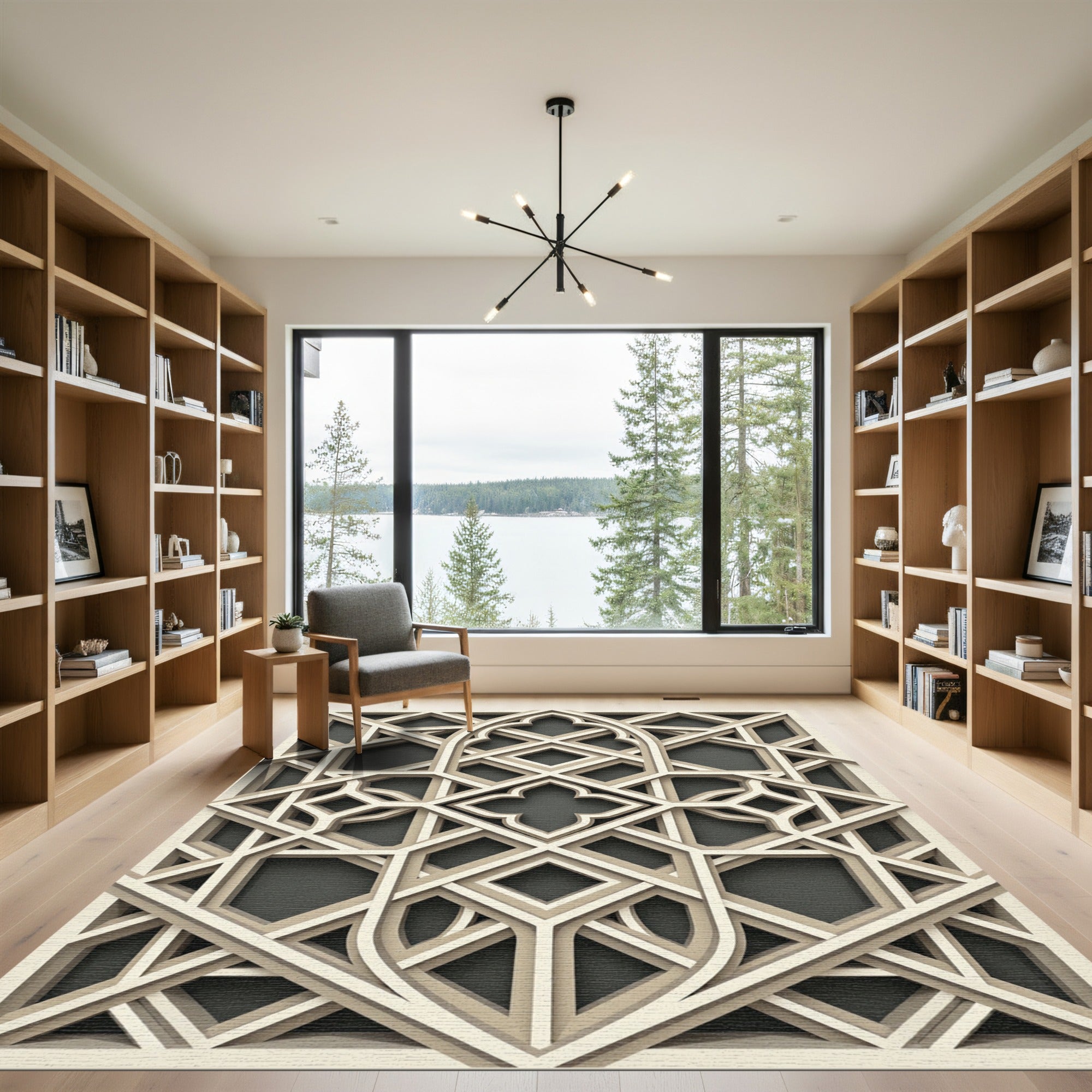 Beige Geometric Interlocking Lattice Architectural Rug
