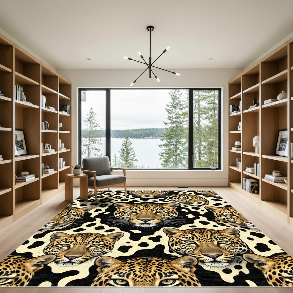 Golden Leopard Faces Black Cream Spots Rug