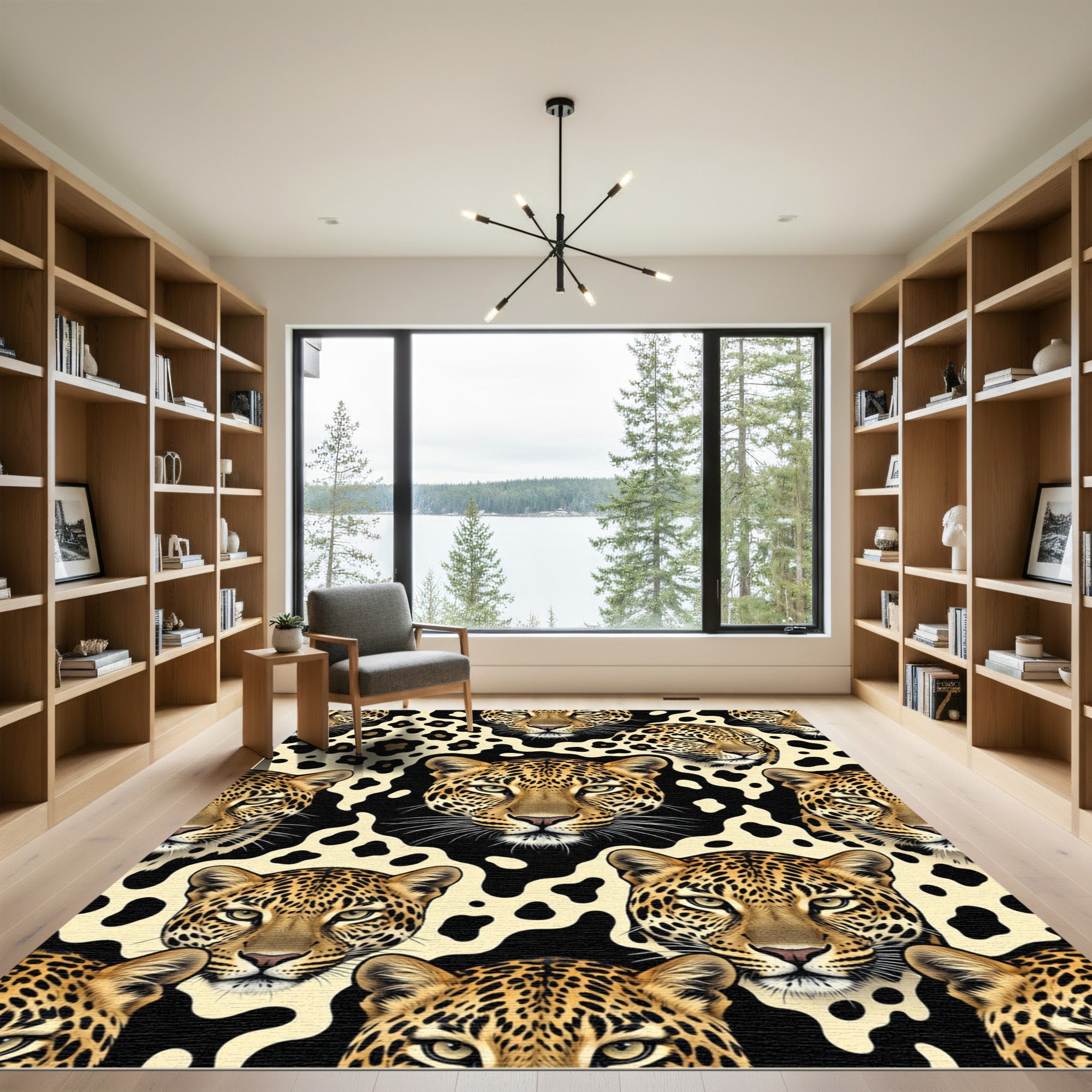 Golden Leopard Faces Black Cream Spots Rug