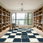Distressed Navy White Checkerboard Squares Rug