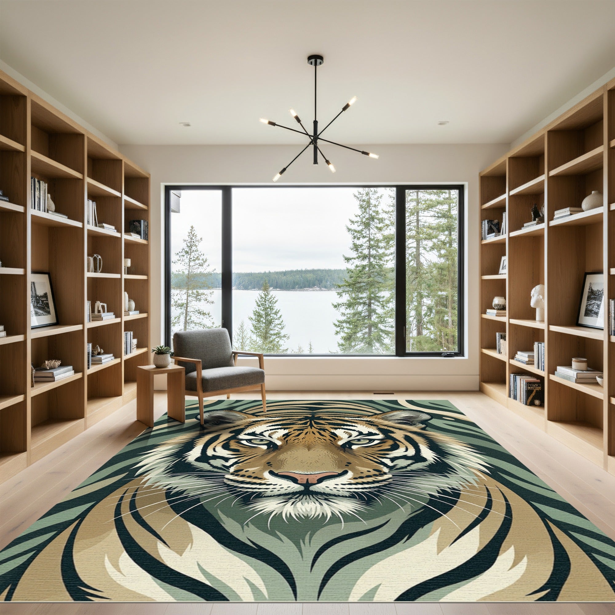 Golden Tiger Face Green Stripes Rug