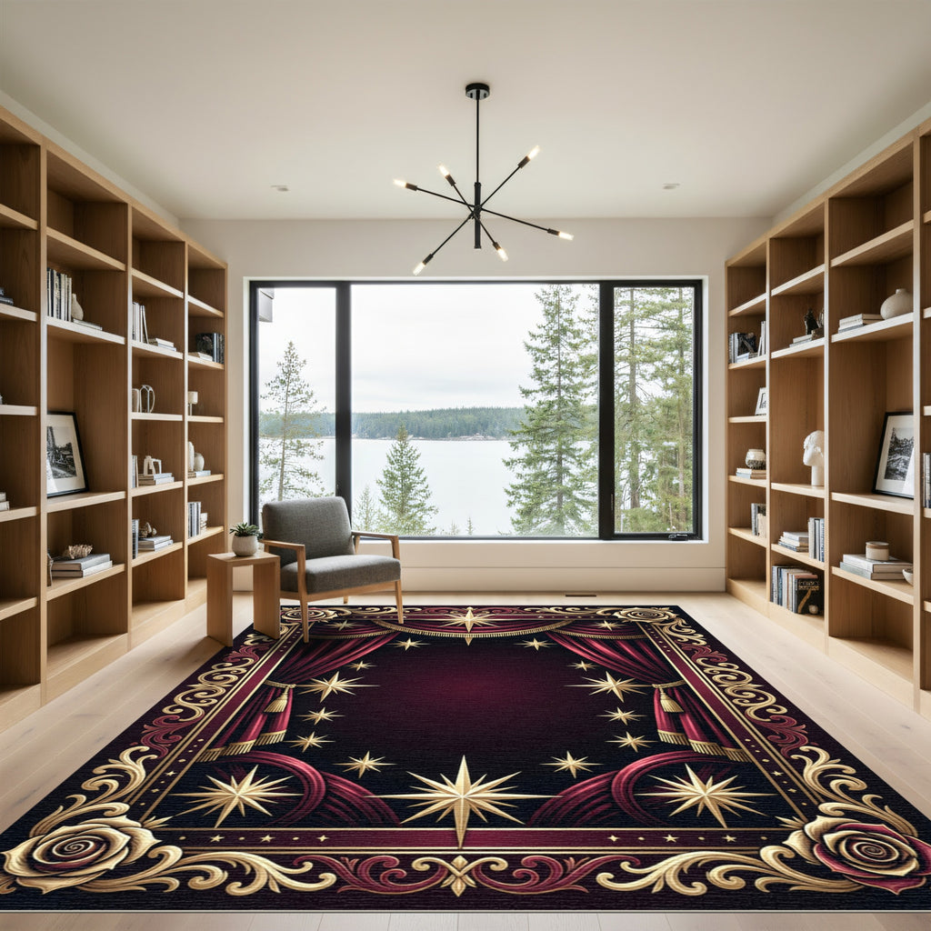 Crimson Gold Starburst Rose Frame Rug