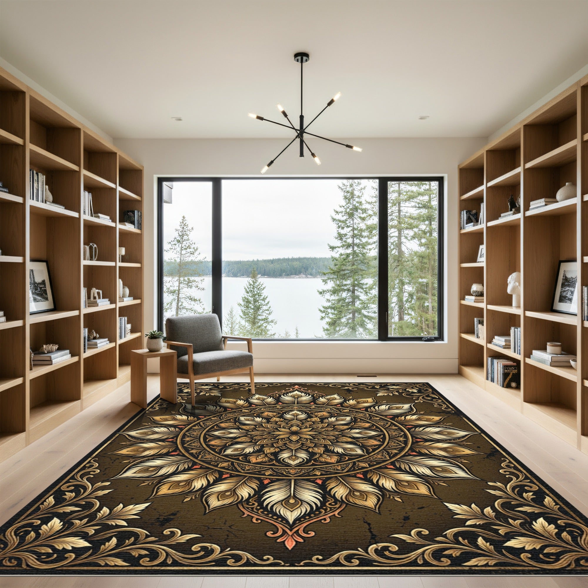 Gilded Feathered Mandala Bronze Medallion Rug