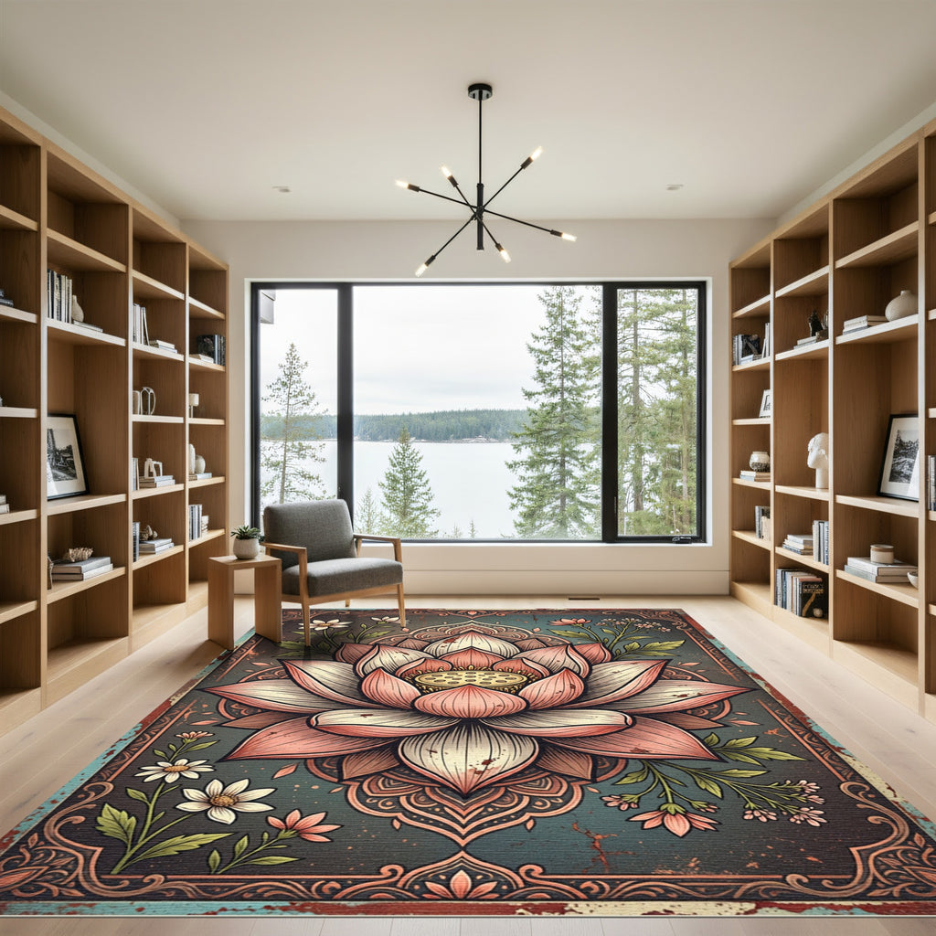 Vintage Pink Lotus Floral Medallion Rug