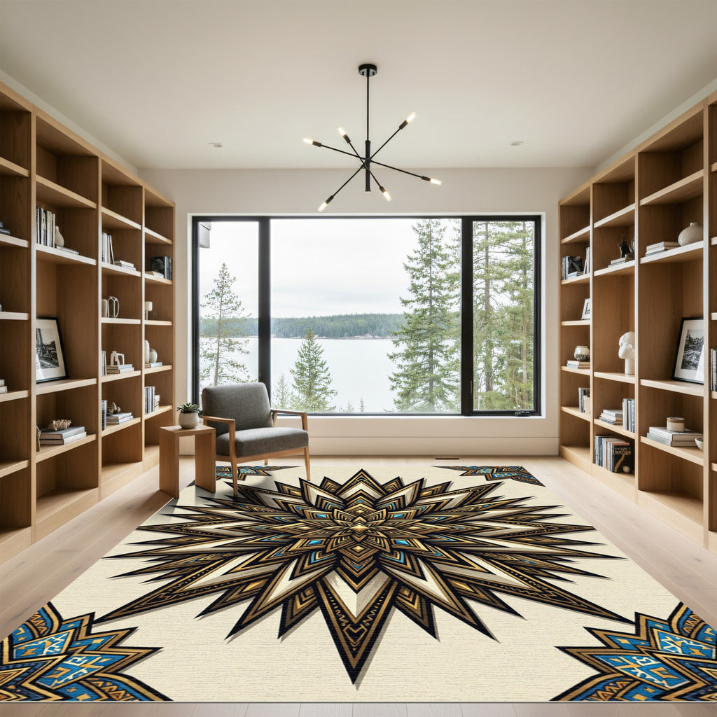 Golden Azure Starburst Geometric Rug