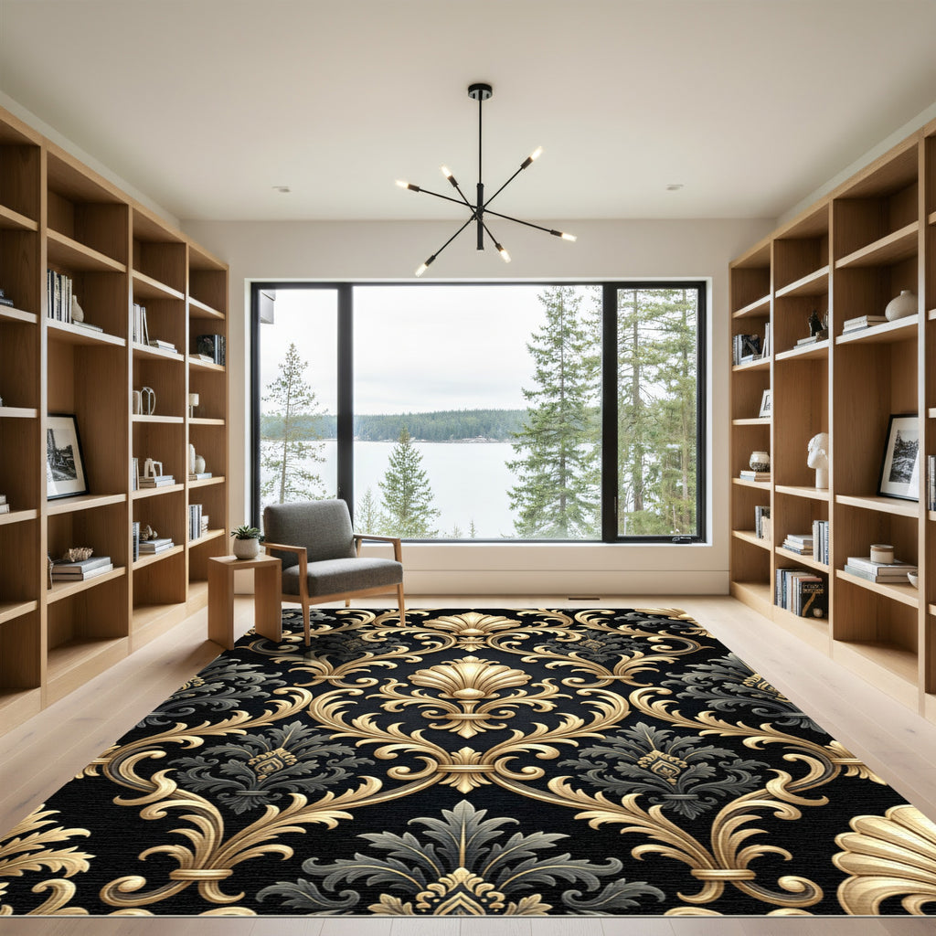 Luxurious Gold Shell Damask Black Rug
