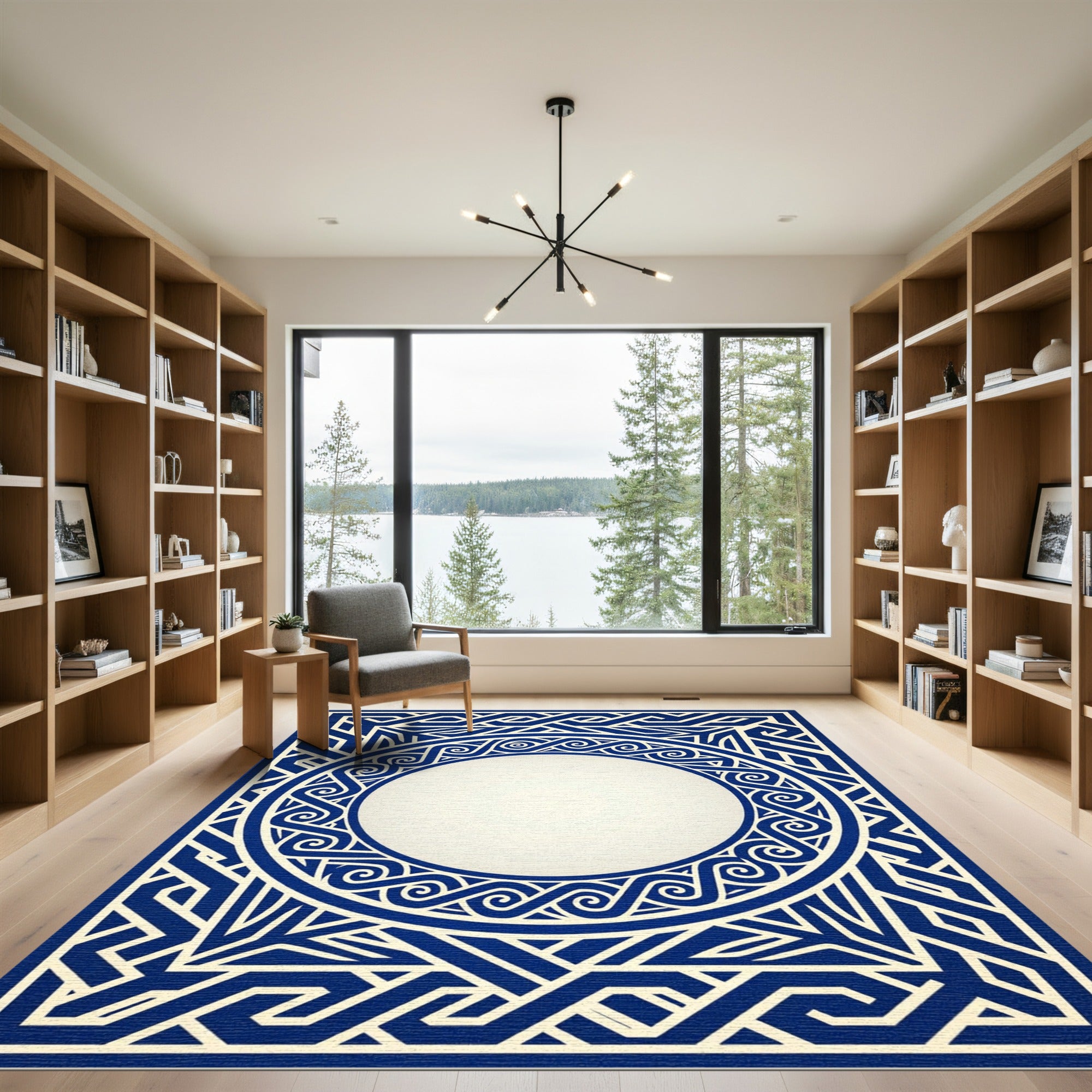 Geometric Navy Blue Greek Key Border Rug