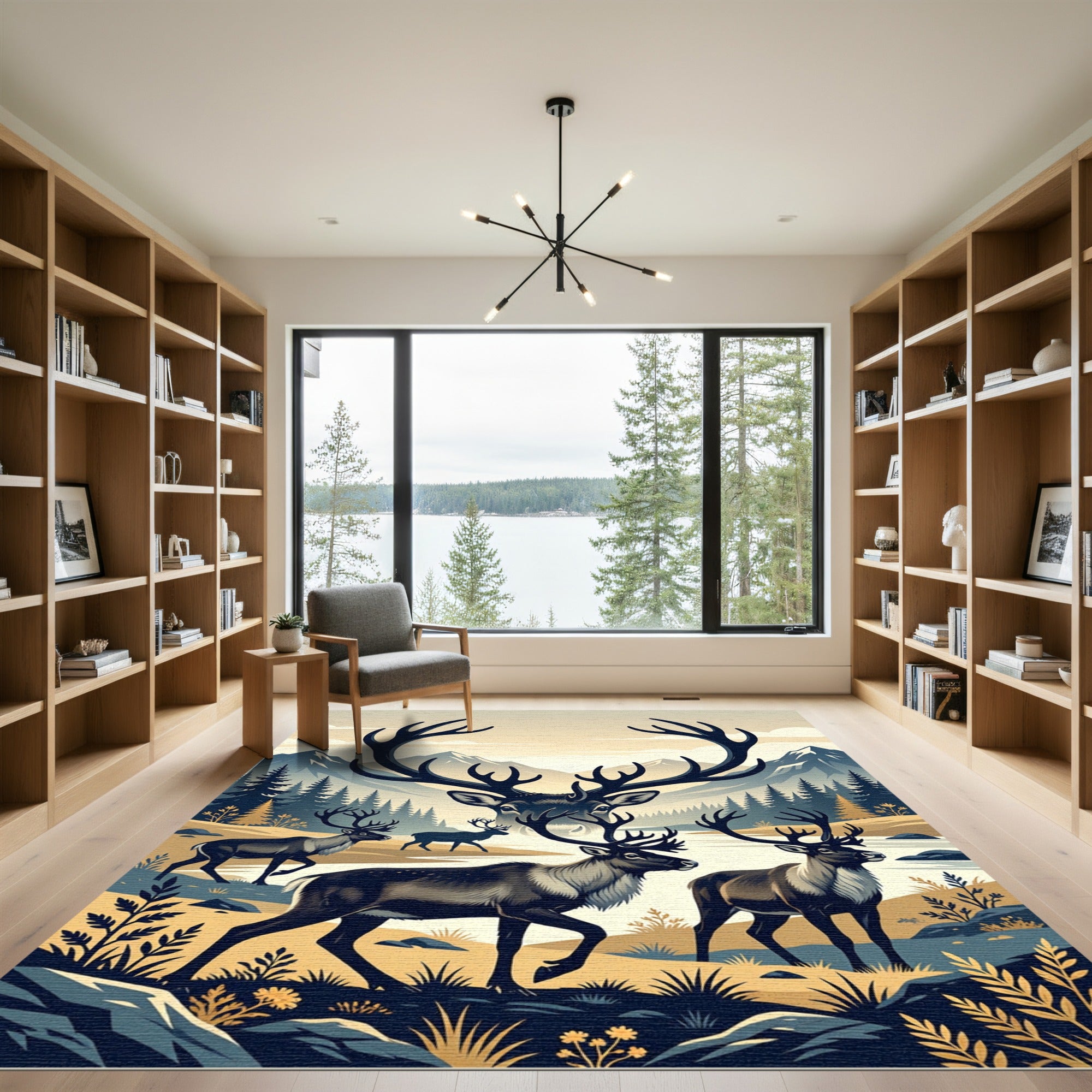 Majestic Reindeer Mountain Forest Landscape Rug