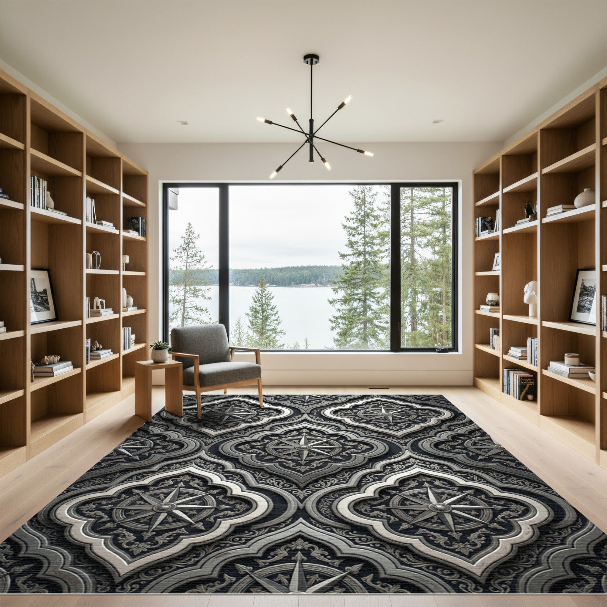 Ornate Silver Compass Rose Tile Rug