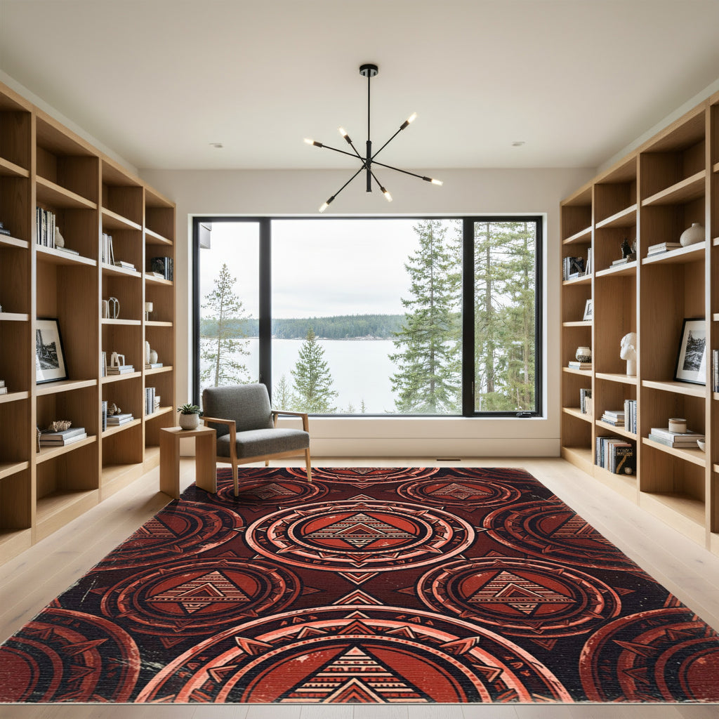 Geometric Crimson Ancient Sacred Symbol Area Rug
