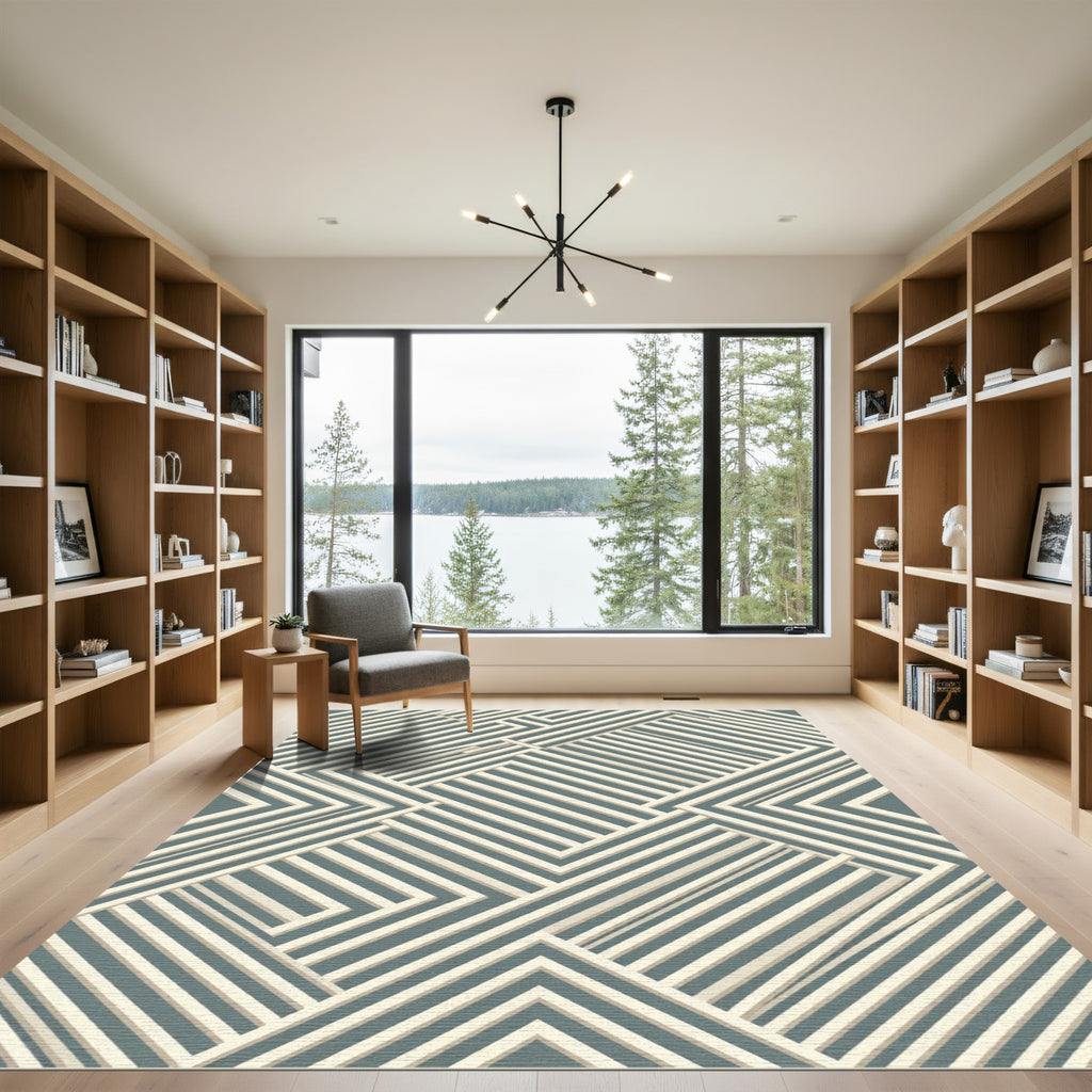 Modern Slate Blue Angular Linear Geometric Rug