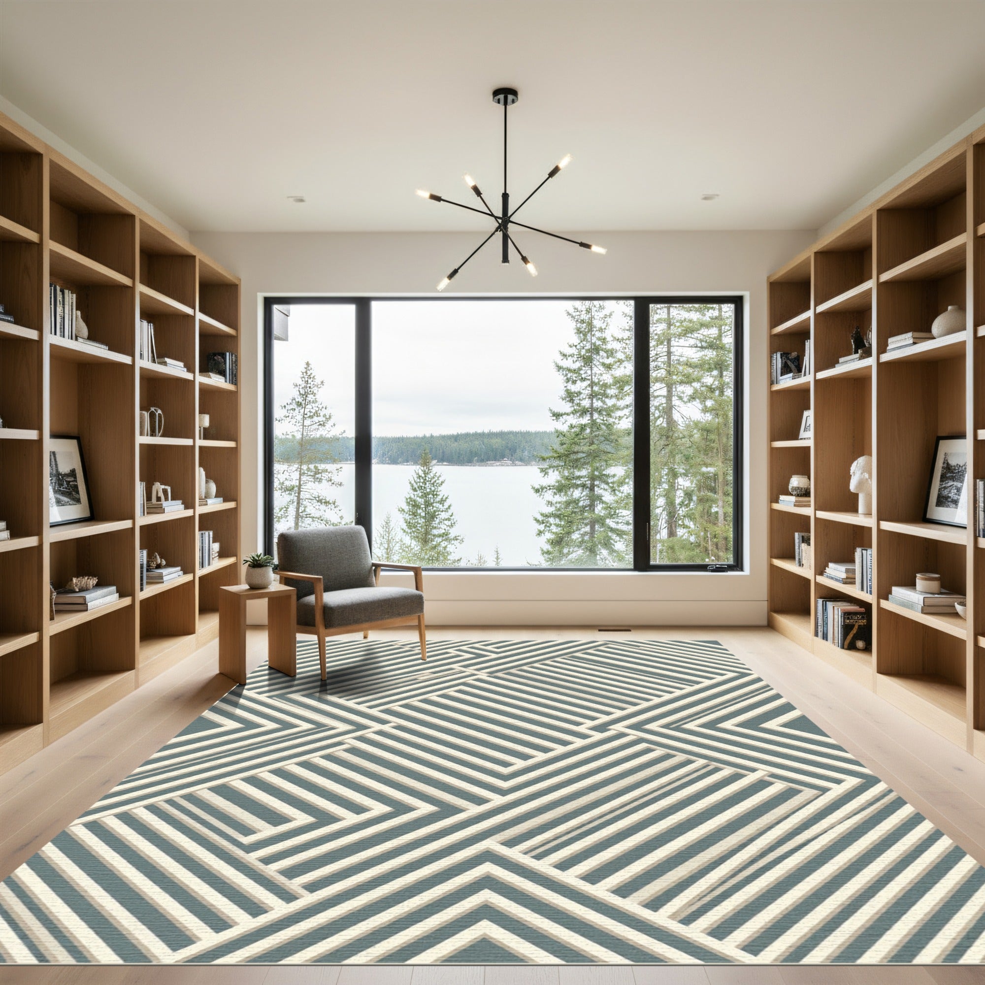 Modern Slate Blue Angular Linear Geometric Rug