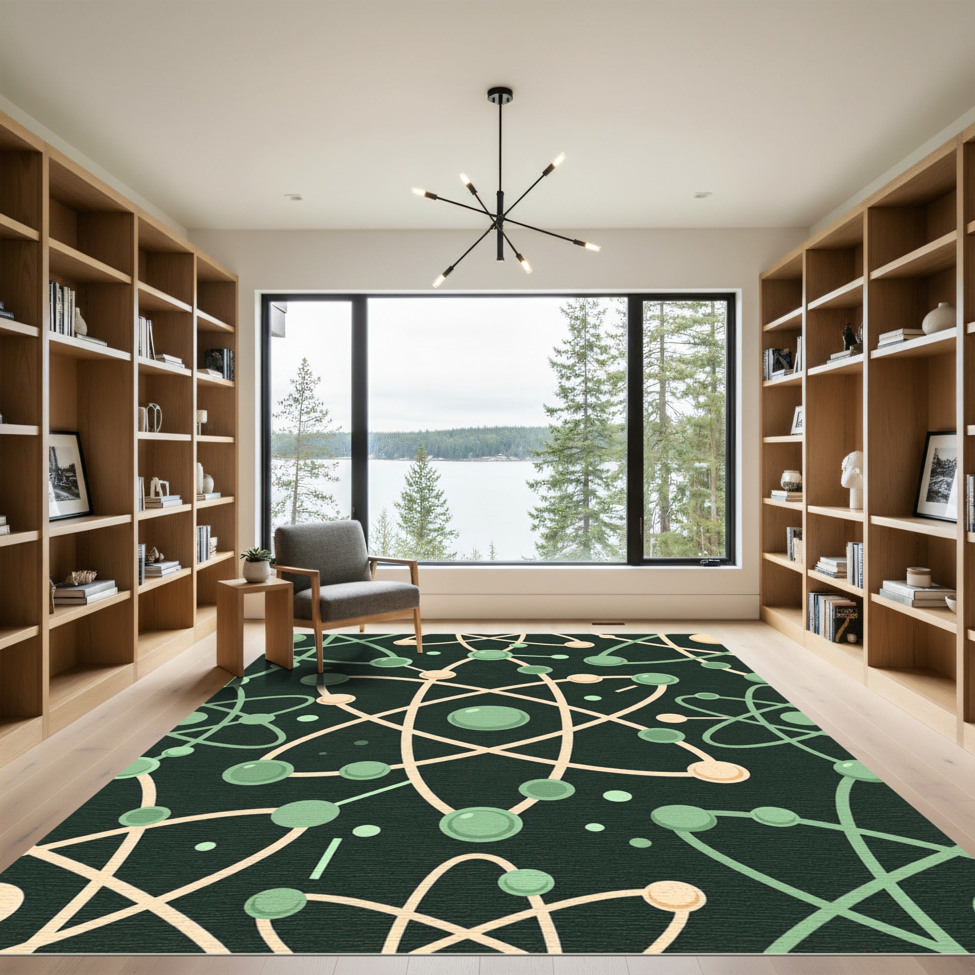Minimalist Sage Green Atomic Orbit Illustration Rug