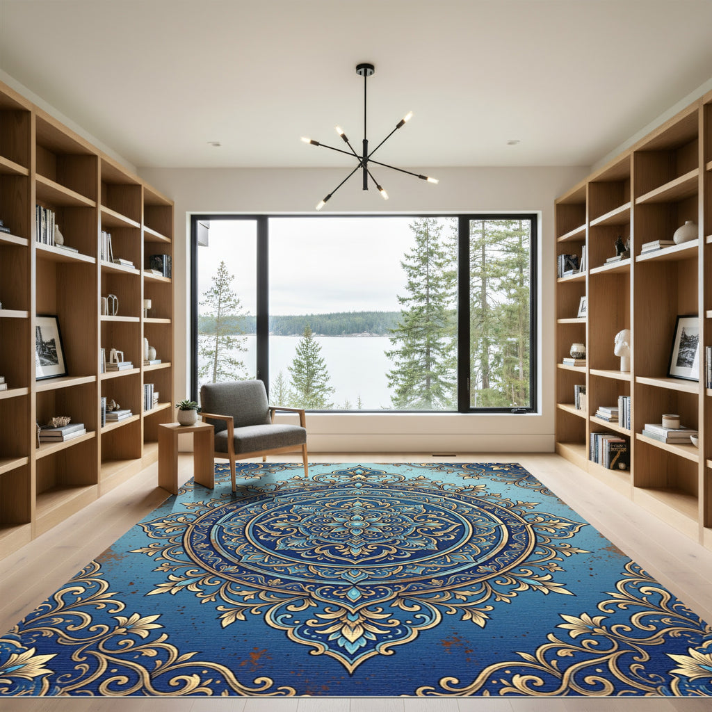 Elegant Gold and Blue Damask Medallion Rug