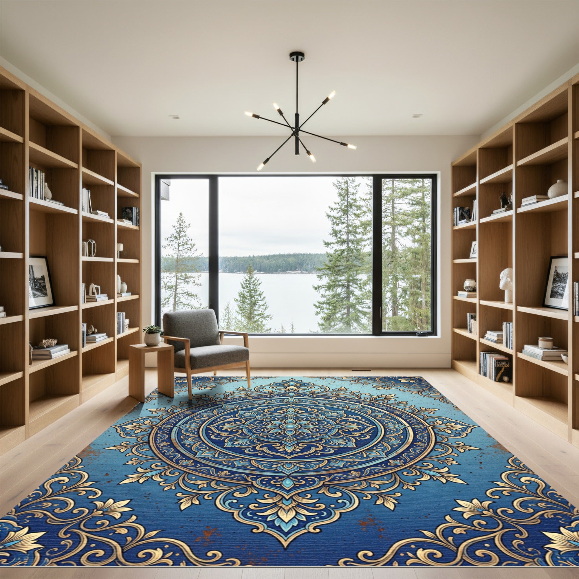 Elegant Gold and Blue Damask Medallion Rug