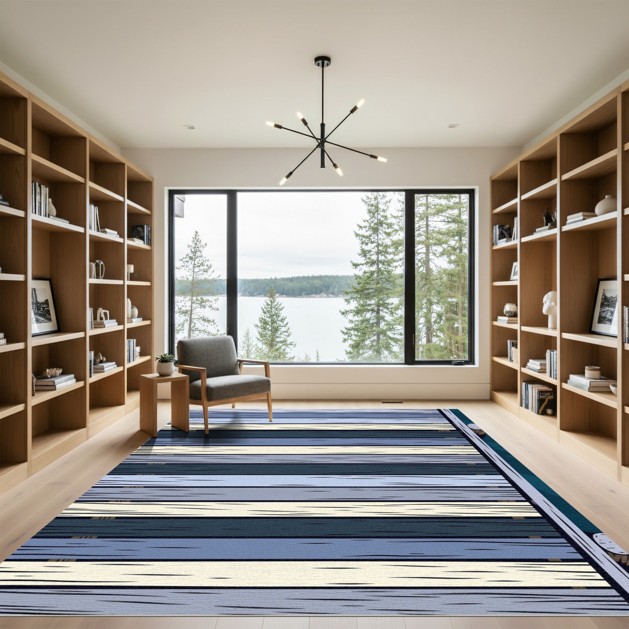 Minimalist Blue and Cream Horizontal Stripe Rug