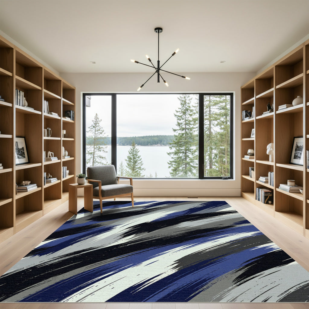 Dynamic Blue Gray Brush Stroke Rug