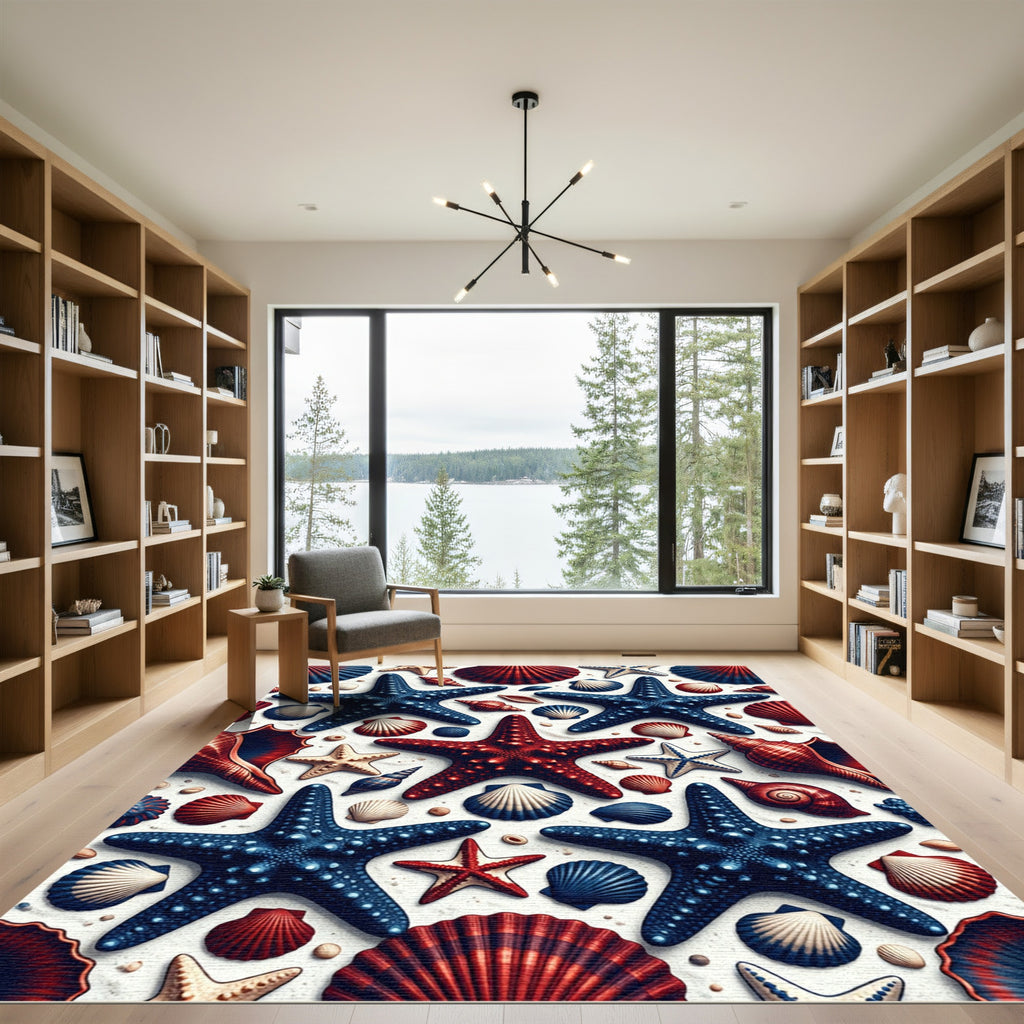 Red and Blue Nautical Starfish Shells Rug