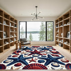Red and Blue Nautical Starfish Shells Rug