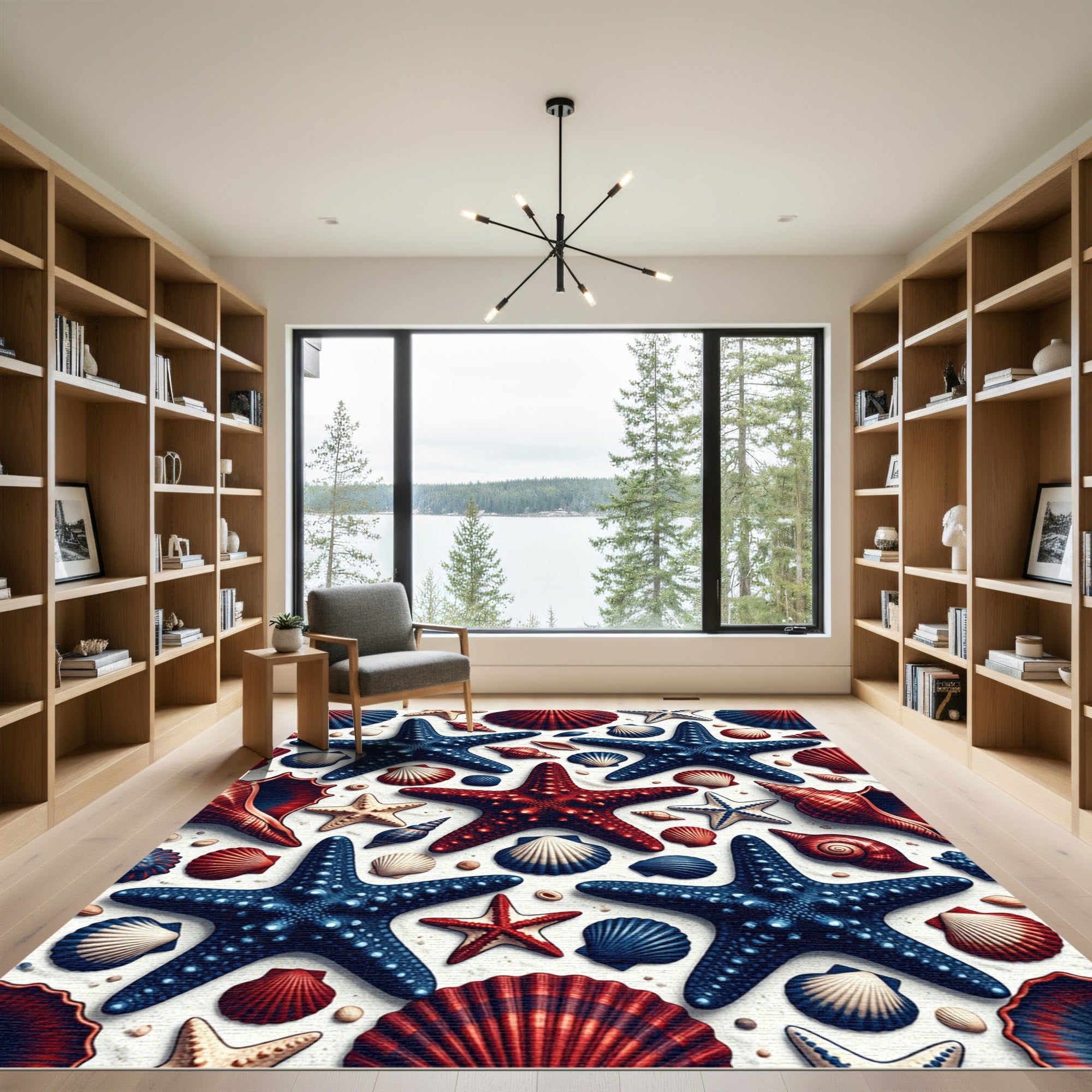 Red and Blue Nautical Starfish Shells Rug