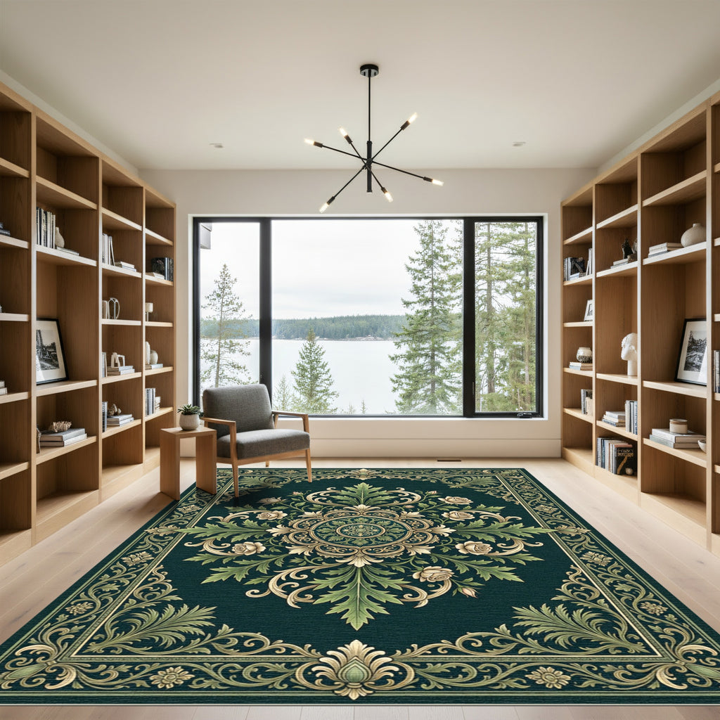 Elegant Emerald Rose Scroll Medallion Rug