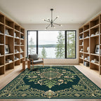 Elegant Emerald Rose Scroll Medallion Rug