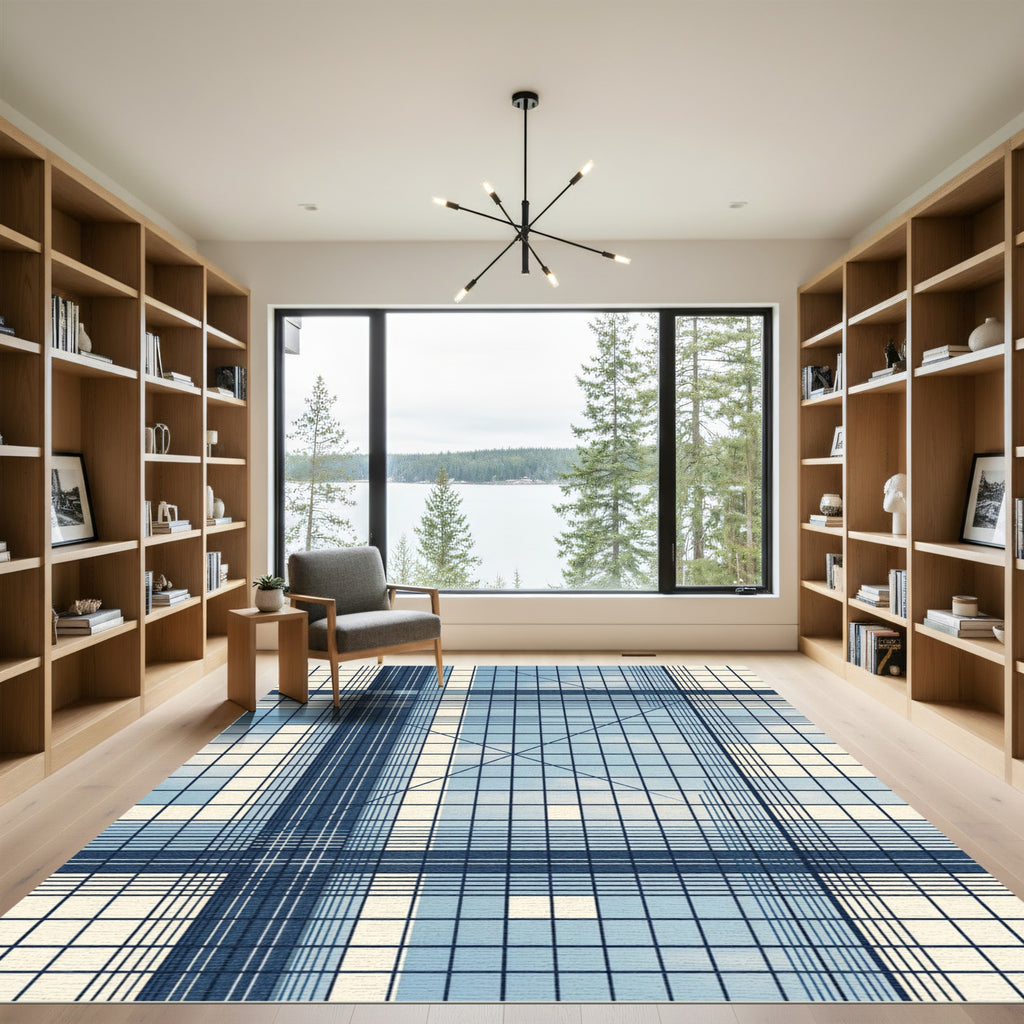 Modern Grid Navy Blue Plaid Rug